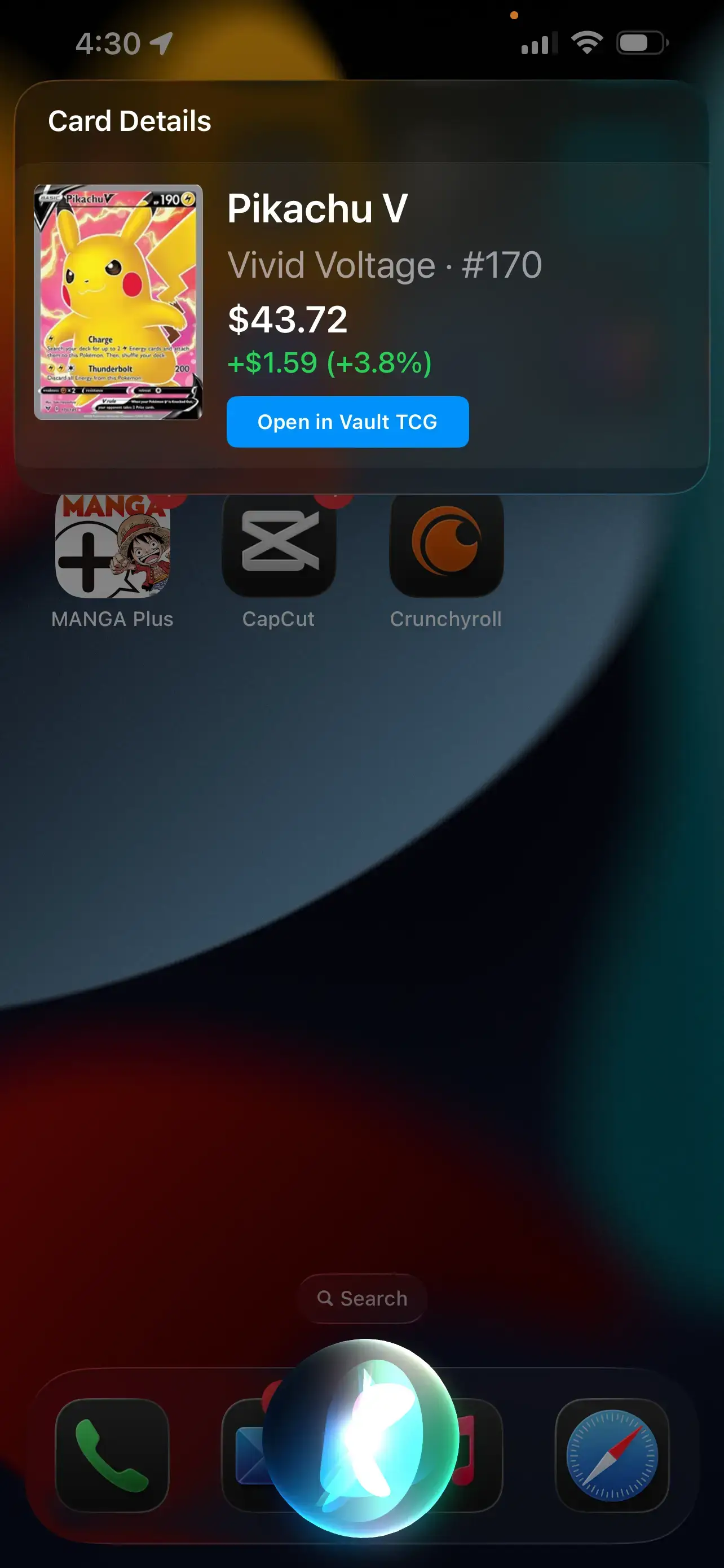 Ask Siri to look up a Vault TCG card on iPhone